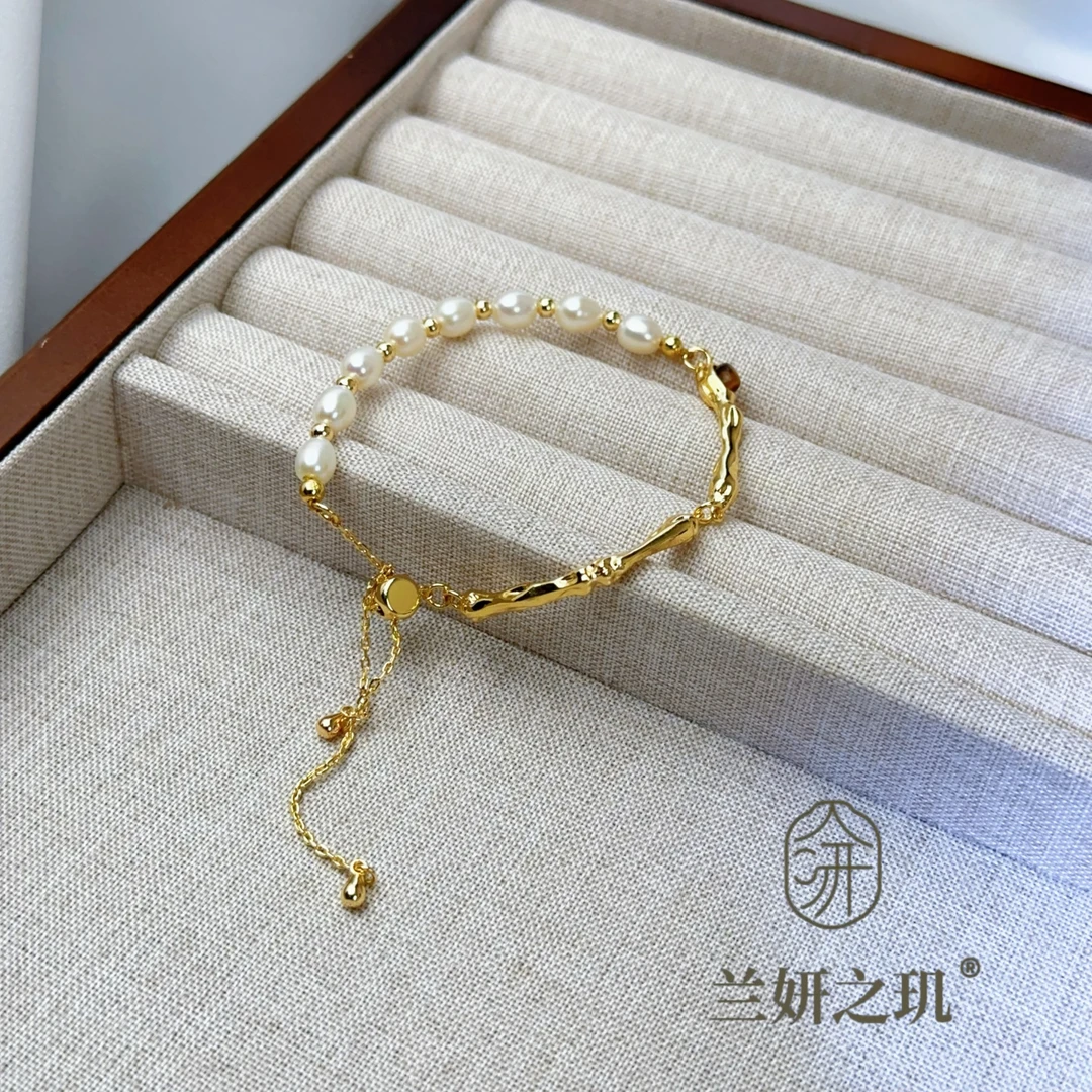 淡水珍珠 5-6mm虎眼石珍珠半镯手链推拉链延长链珍珠手镯 8978