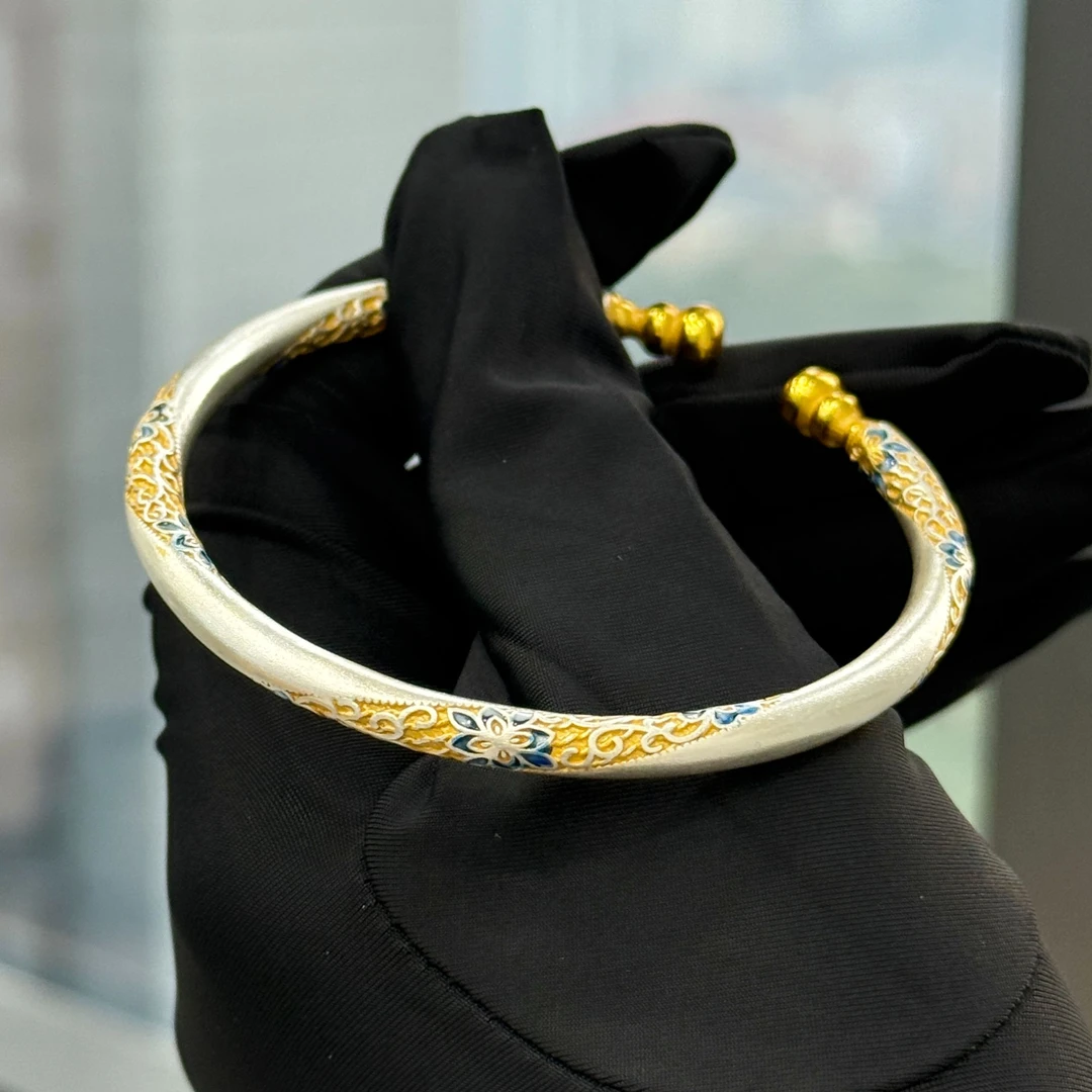 足银手镯 足银999古法描金繁花似锦葫芦新中式开口手镯