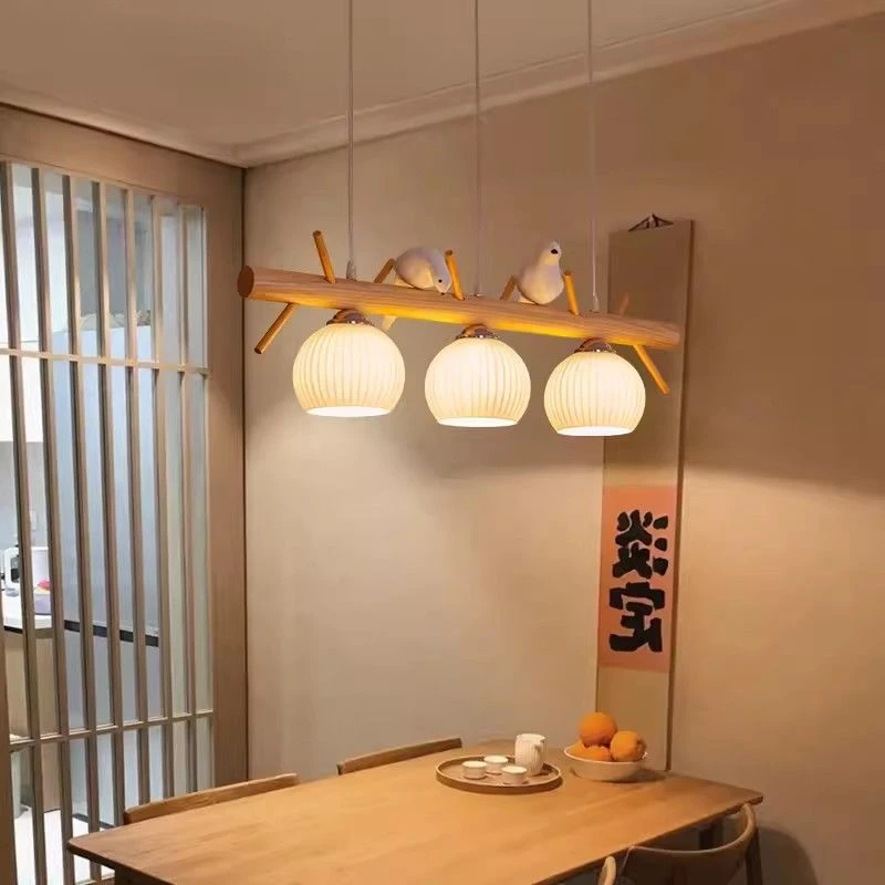 日式家用实木餐厅吊灯北欧简约饭厅吧台个性原木风led新中式复古