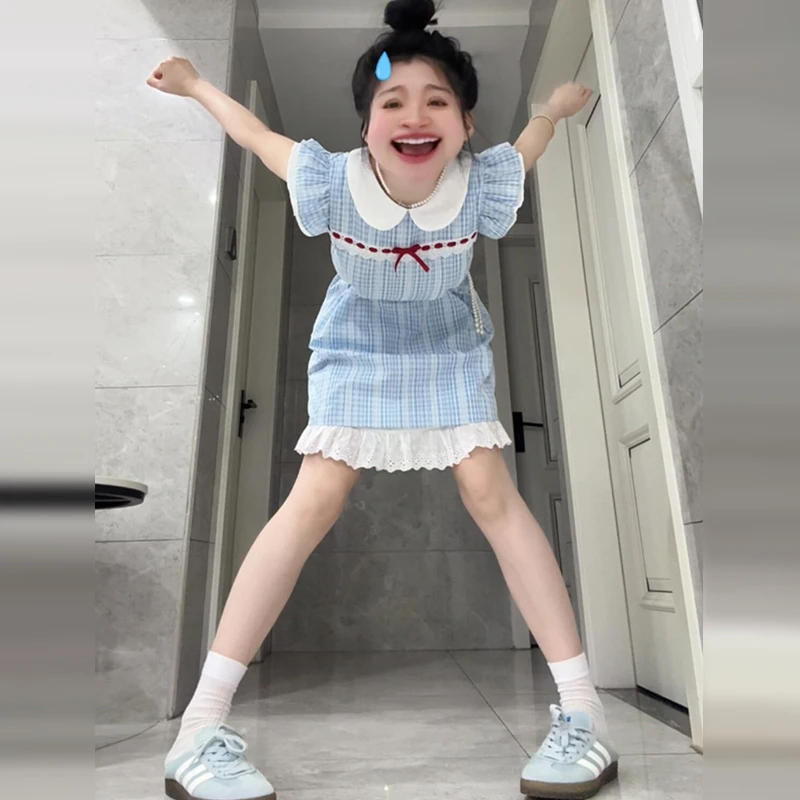 法式小飞袖娃娃领蓝色格子连衣裙女2025新款夏季甜美气质公主短裙