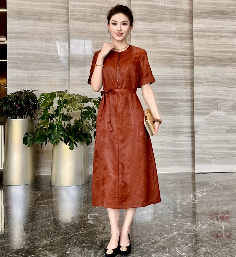 FSSIA江月｜新款红云纱花萝新中式国风圆领中袖套头时尚袍子4010