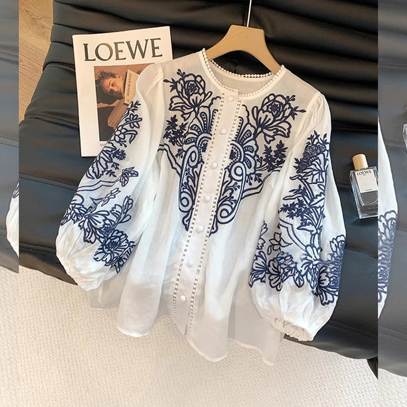 复古刺绣中袖开衫衬衫上衣女装夏季新款大码宽松气质时尚小衫潮流