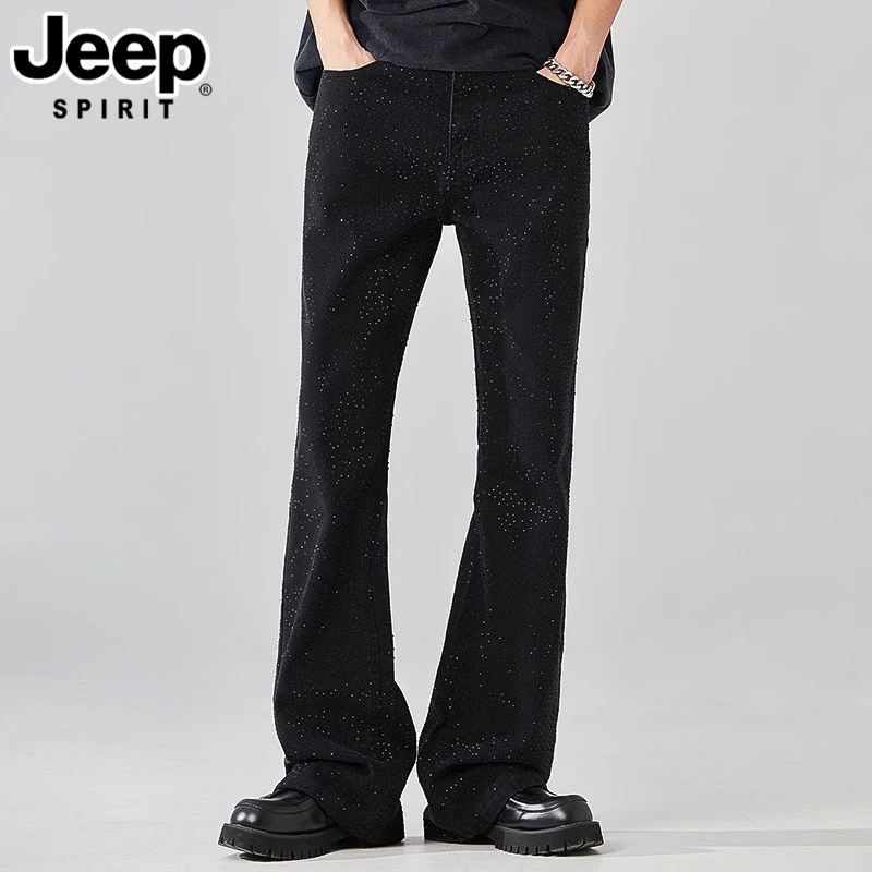 JEEPSPIRIT吉普新款黑色烫钻牛仔裤男美式高街满天星带钻直筒裤