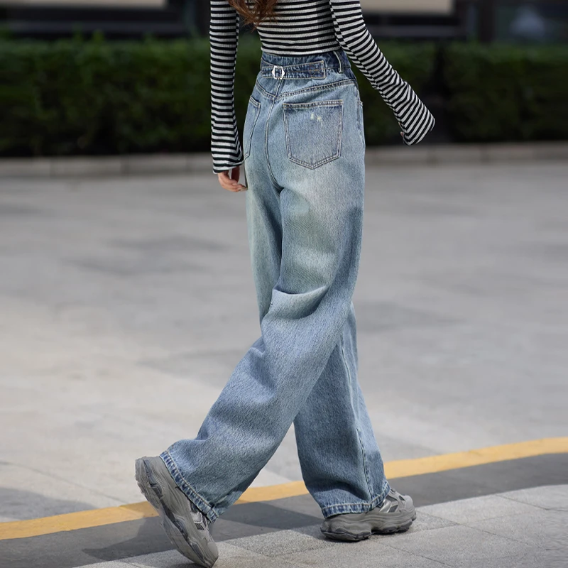 复古蓝弯刀牛仔裤女款爆款春秋季新款宽松阔腿镰刀裤香蕉裤哈伦裤