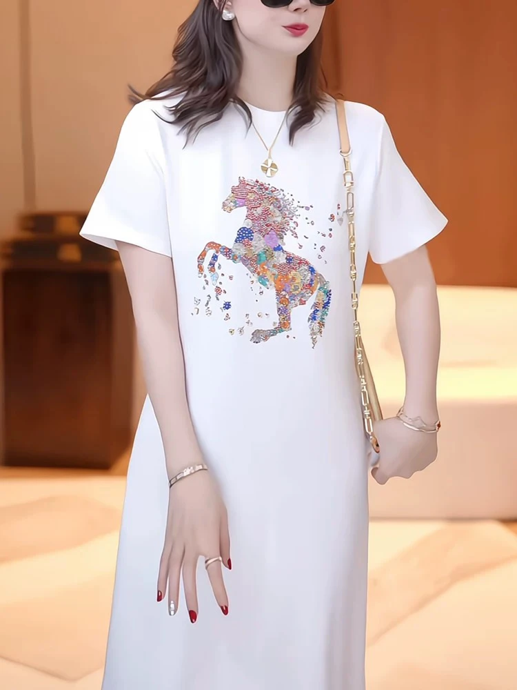 复古2025夏季新款马图案烫钻短袖圆领t恤时尚烫钻百搭宽松连衣裙