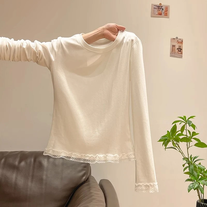 洋气蕾丝花边下摆圆领长袖上衣女春季新款甜美风减龄显瘦精致T恤