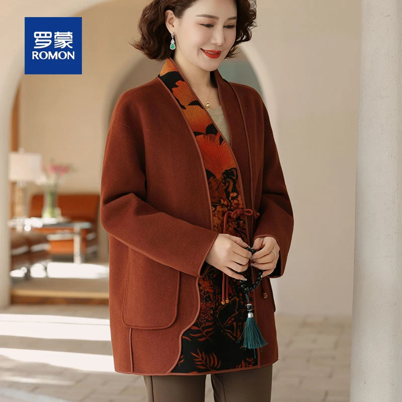 罗蒙气质妈妈春秋装毛呢外套女新款时尚复古印花中年双面呢上衣服