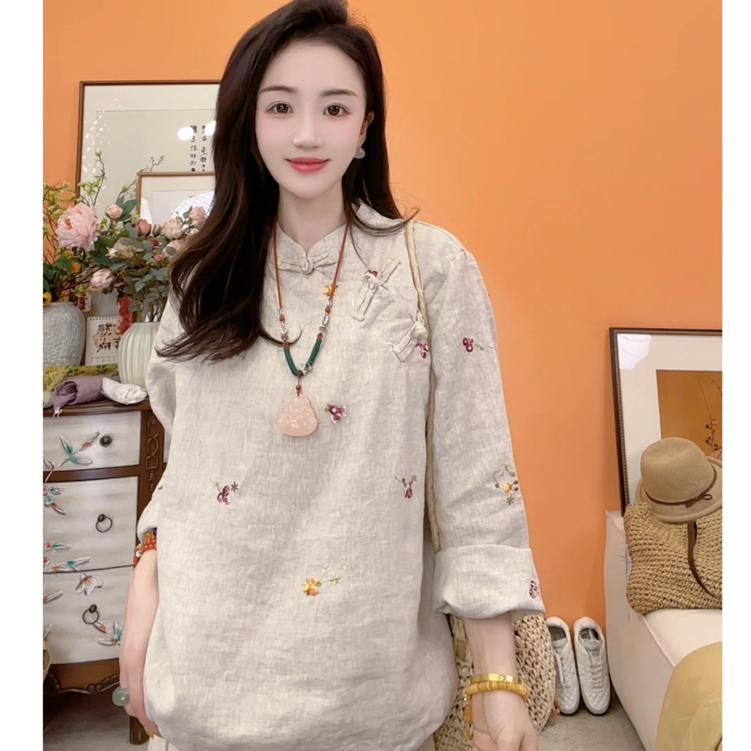 【小满】2278新中式亚麻气质百搭斜襟设计女装衬衫文艺减龄中国风