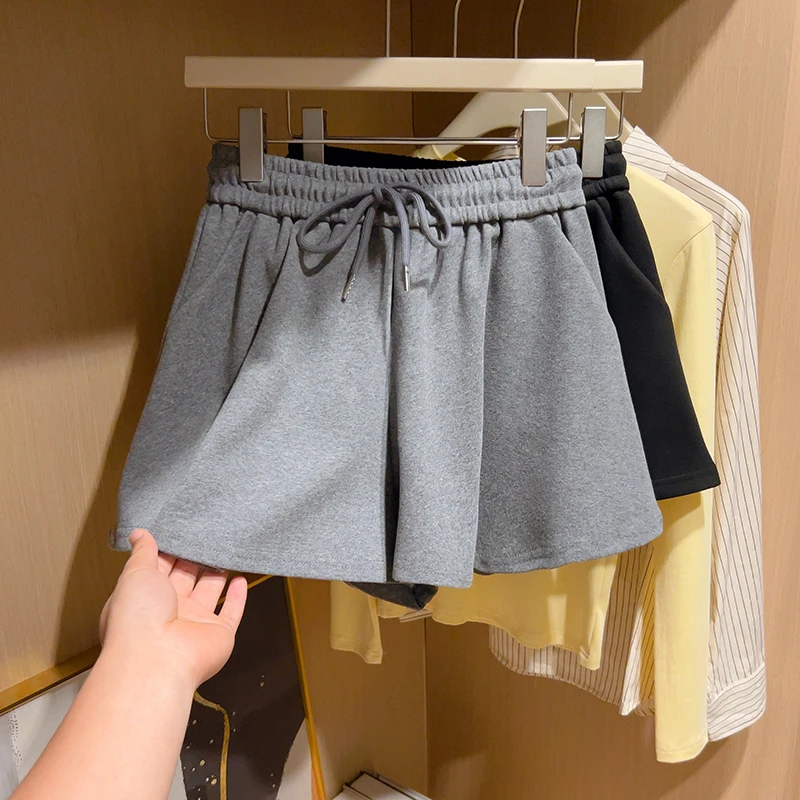 2025大码夏季新款高腰休闲短裤女辣妹抽绳修身显瘦百搭直筒阔腿裤