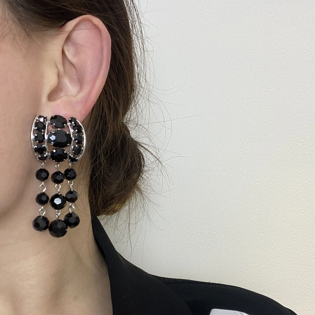 合金耳饰 气质黑色仿水晶流苏耳环女高级感长款礼服宴会名媛耳饰