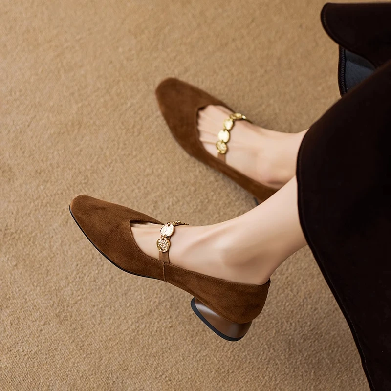真皮方头金币链法式玛丽珍鞋女2025新款舒适百搭低跟浅口单鞋子
