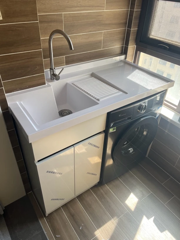 阳台洗衣柜一体设计带搓板洗衣池滚筒洗衣机伴侣浴室柜组合