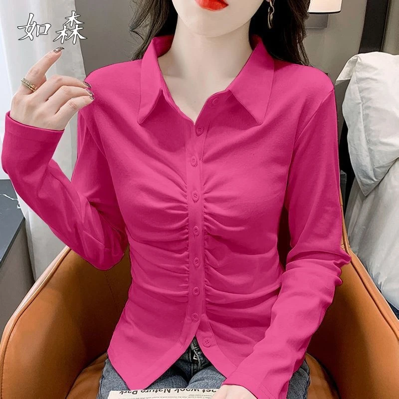 早秋2025年新款棉质polo领长袖打底衫女修身显瘦单排扣t恤上衣潮