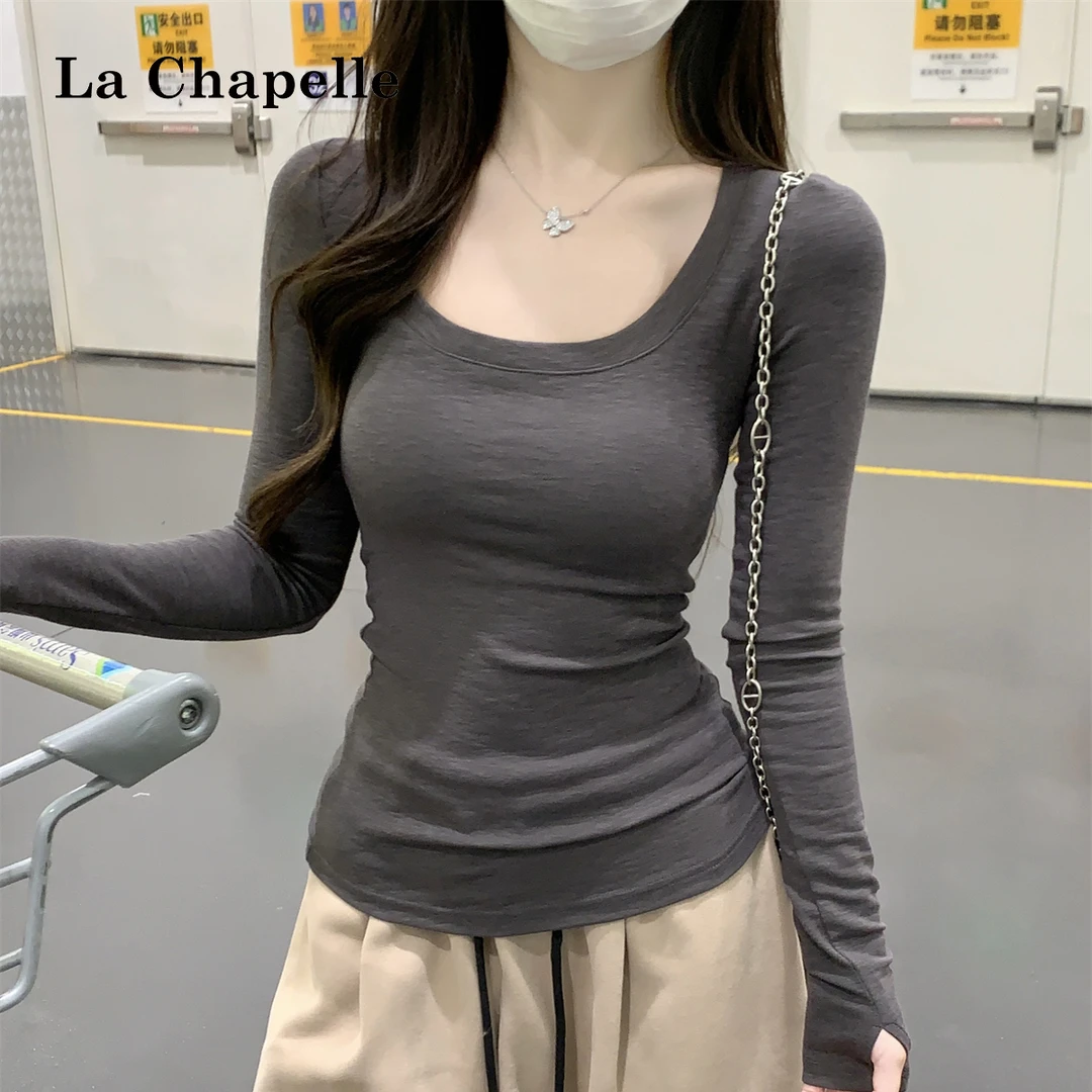 拉夏贝尔秋冬韩版修身辣妹方领气质显瘦内搭打底衫长袖T恤女上衣
