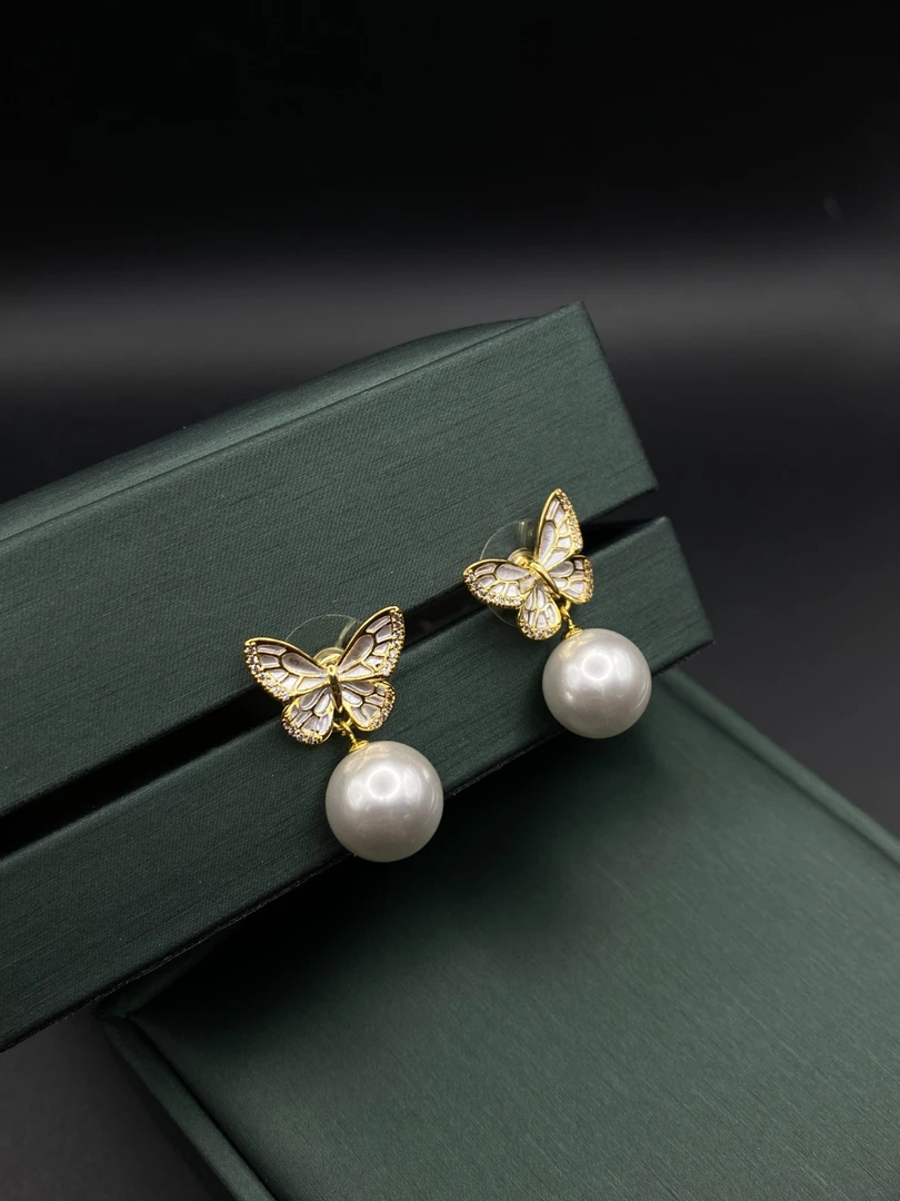 铜合金合成锆石耳饰 DS-4218 蝴蝶珠珠耳钉