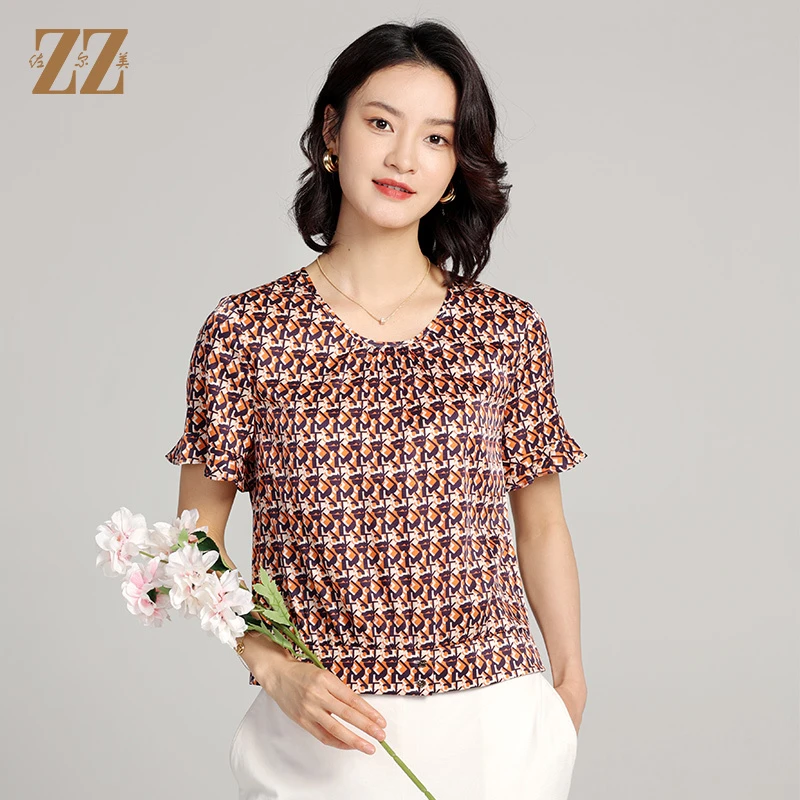 佐尔美夏季新款时尚碎花桑蚕丝真丝短袖衬衣女女款针织衫E22CS59
