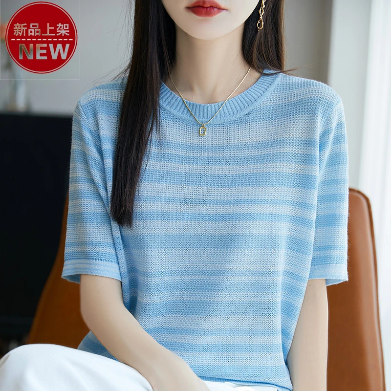 哥弟阿玛施正品精纺简约圆领时尚条纹舒适透气优雅短袖休闲针织衫