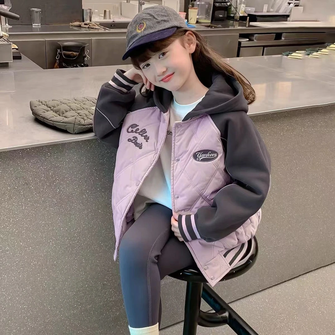 女童棉服外套2025秋冬新款儿童加棉加厚棒球服女大童冬装连帽棉衣
