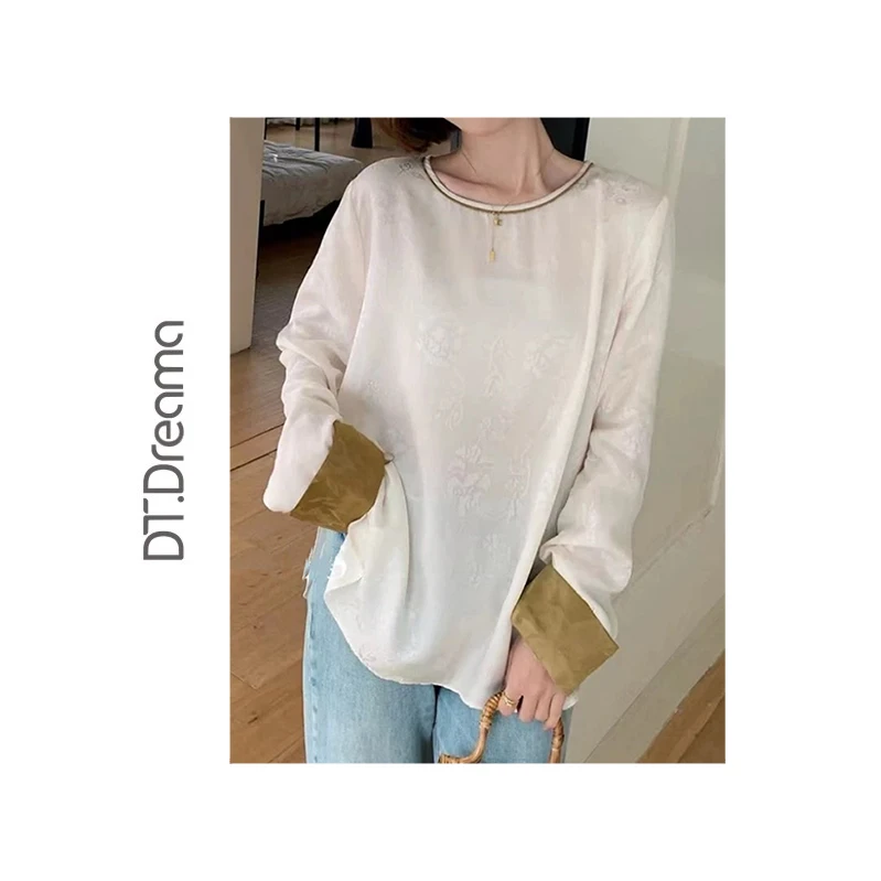 百搭高级感时尚新中式休闲韩版上衣女长袖复古国风宽松圆领衬衫