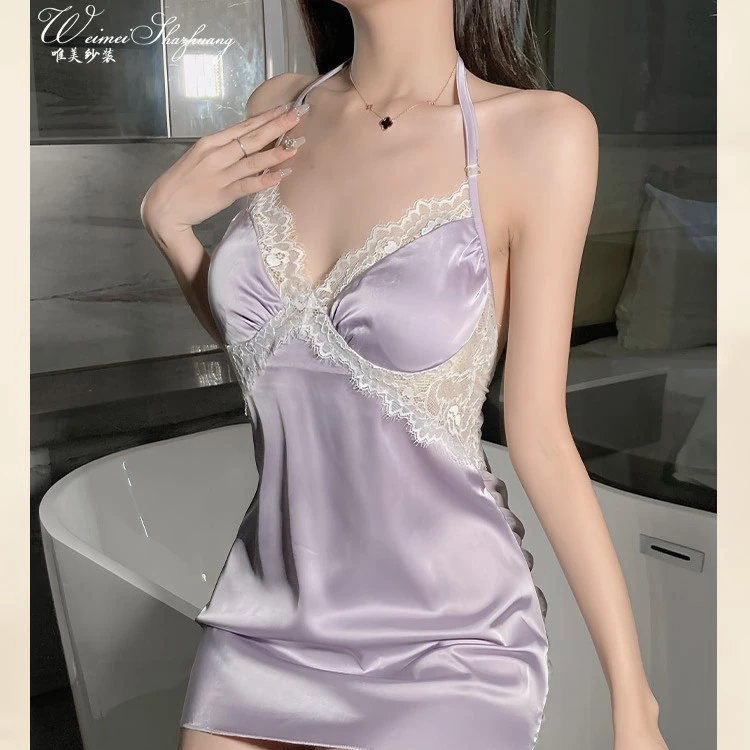 唯美纱新款挂脖低领吊带蝴蝶结漏背睡裙性感薄纱胸垫睡衣套装