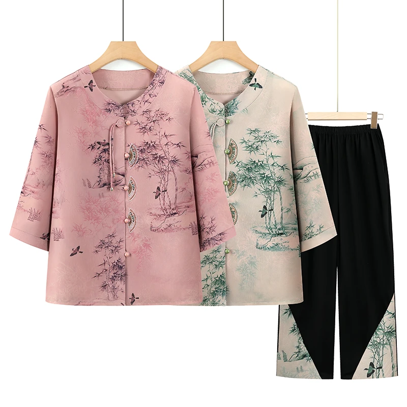 妈妈夏装6070岁中老年人夏季女奶奶国风新中式衬衫套装老人衣服薄