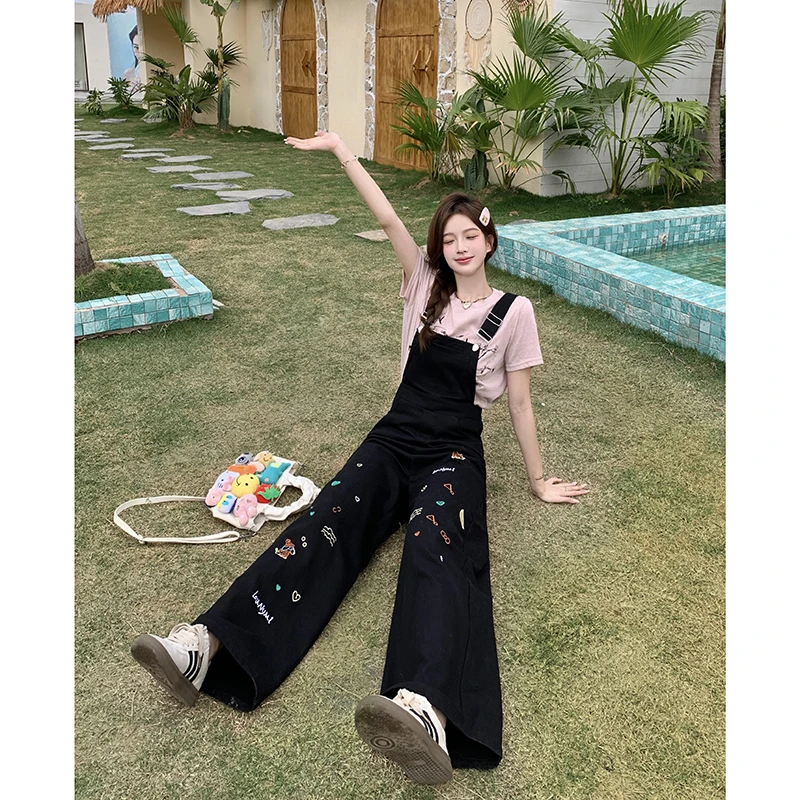 FRVXO重工童趣刺绣背带裤夏新款休闲宽松阔腿裤内搭黑/粉上衣套装