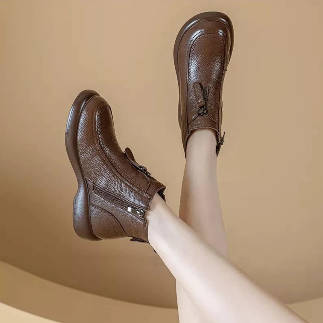 2025秋冬真皮复古皮靴女平底百搭短靴圆头加绒保暖马丁靴防滑女鞋