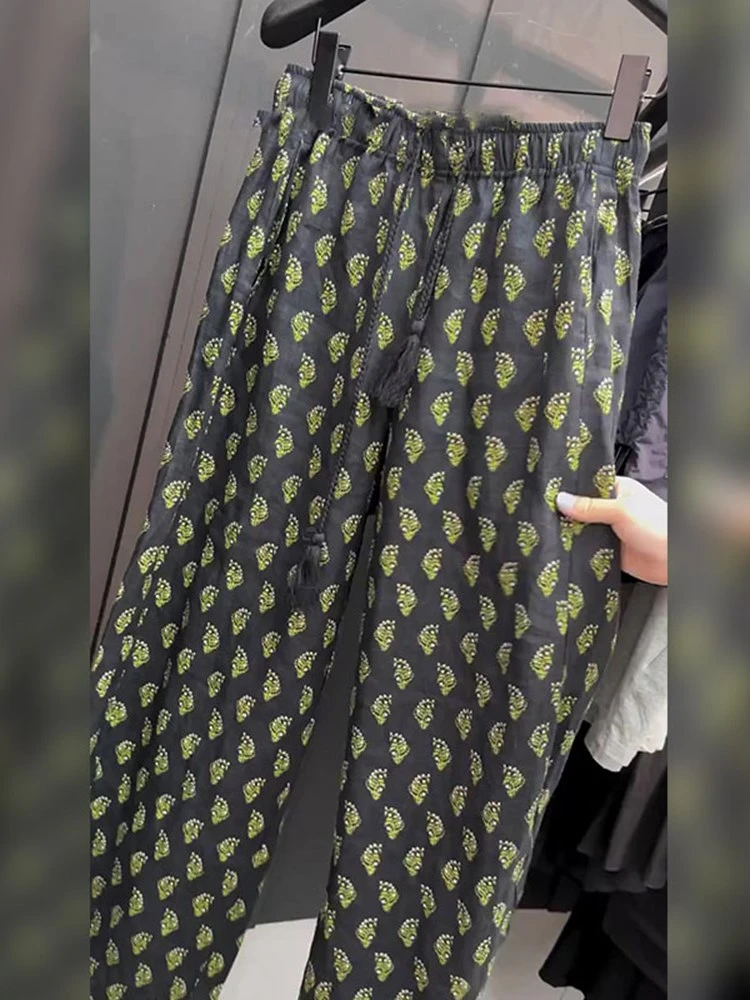 欧货复古设计小众印花裤子宽松休闲2025年夏季新款高腰直筒阔腿裤