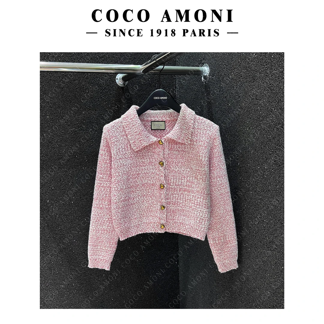 小香风翻领爱心纽扣粗花呢长袖针织衫甜美时尚气质百搭毛衣 DA003