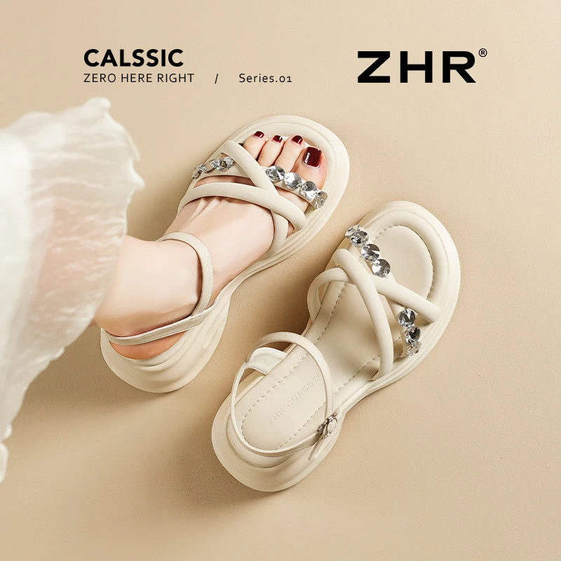 ZHR/则则水钻厚底凉鞋女2025夏新款增高透气凉鞋软底舒适休闲女鞋