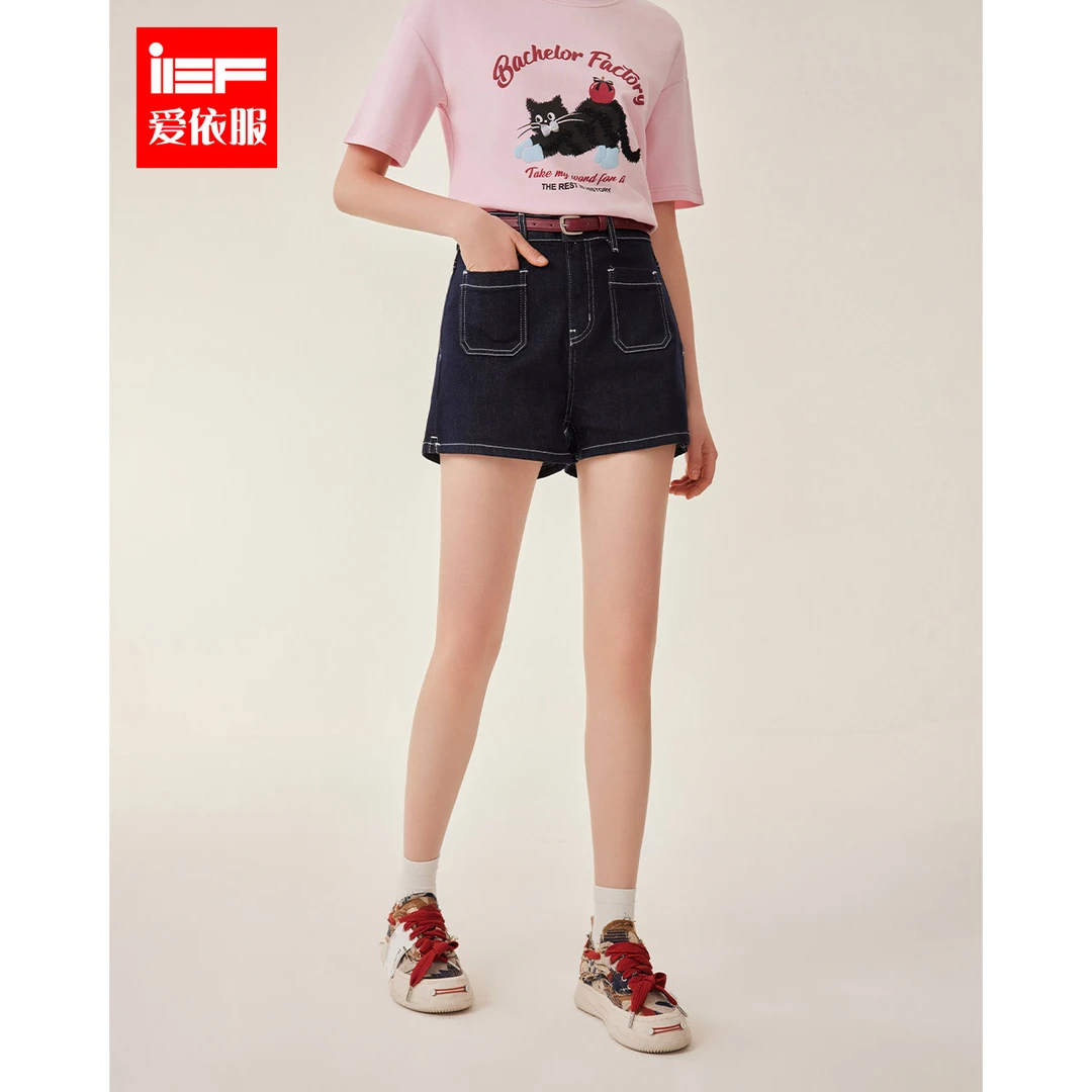 IEF/爱依服2025夏季新款港式时尚小众设计通勤百搭高腰牛仔短裤