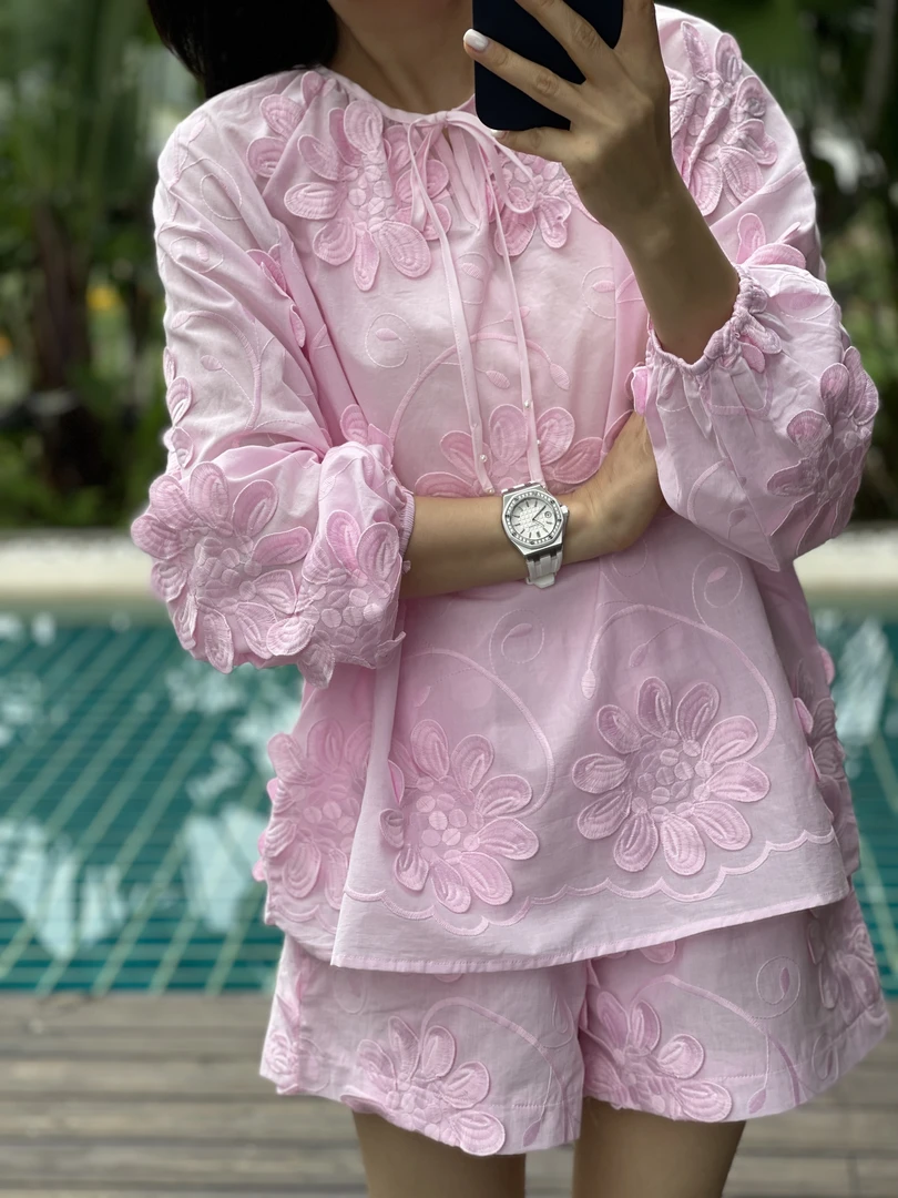 韩版立体刺绣花朵系带长袖衬衫短裤时尚两件套装女夏季宽松棉质