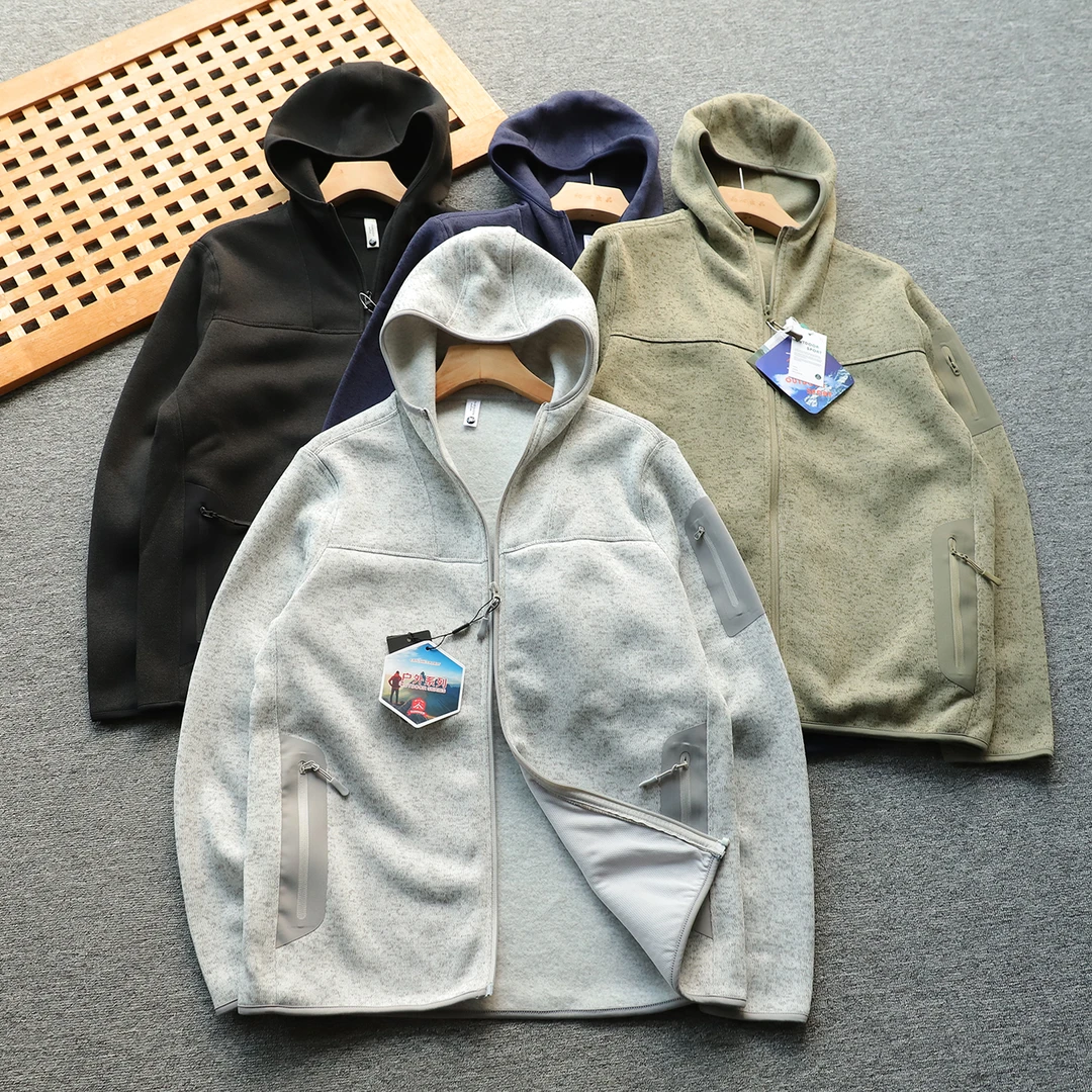 日单 户外连帽男女同款登山徒步针织抓绒衣运动外套保暖