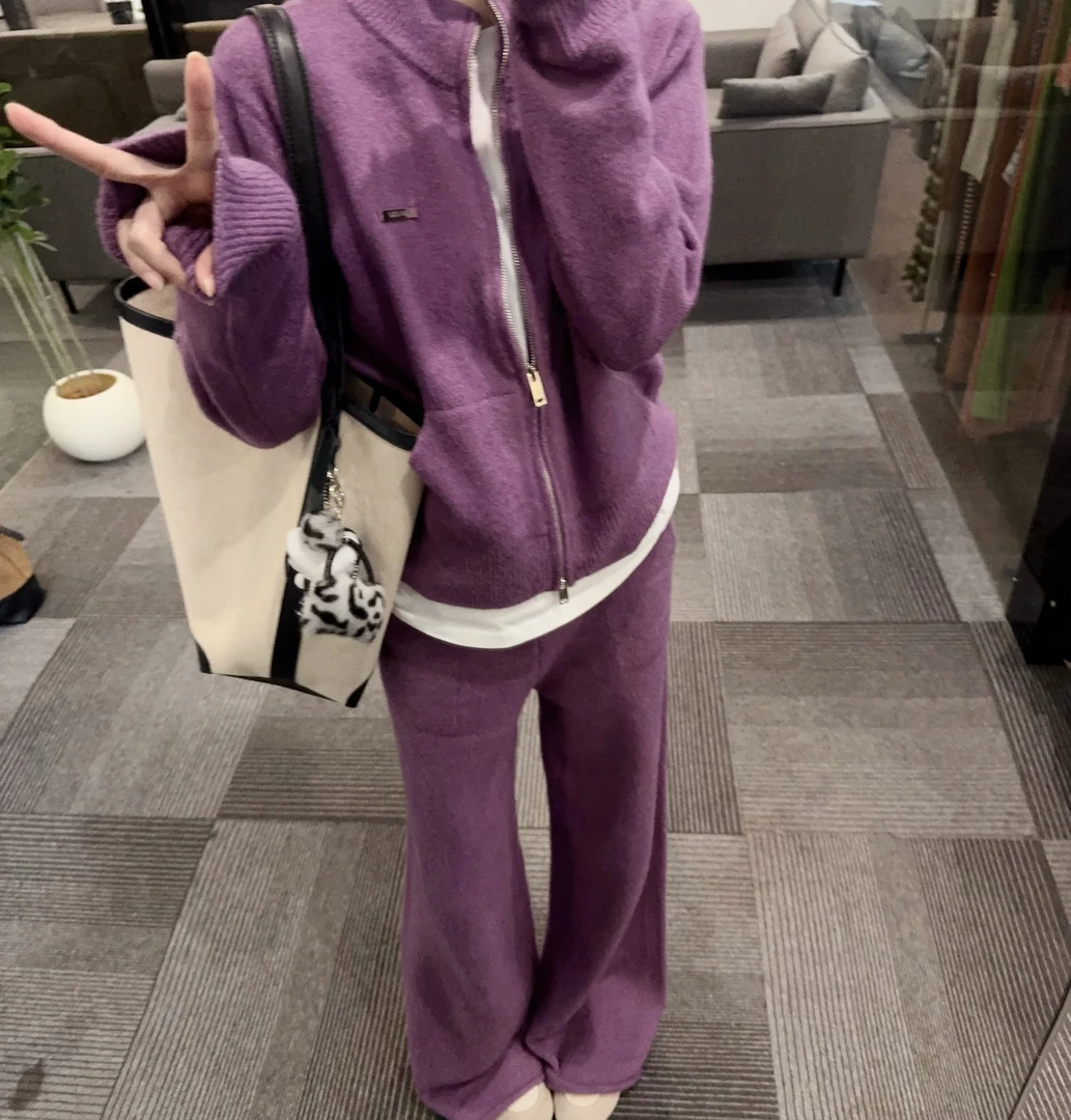【OS&oneshow】休闲针织套装2025紫色拉链上衣外套阔腿裤三件套
