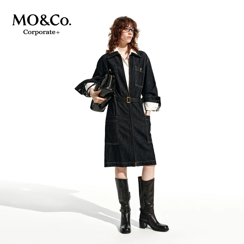 【C+系列】MOCO牛仔连衣裙2025春新品工装中低腰附皮带MBE1DRS038