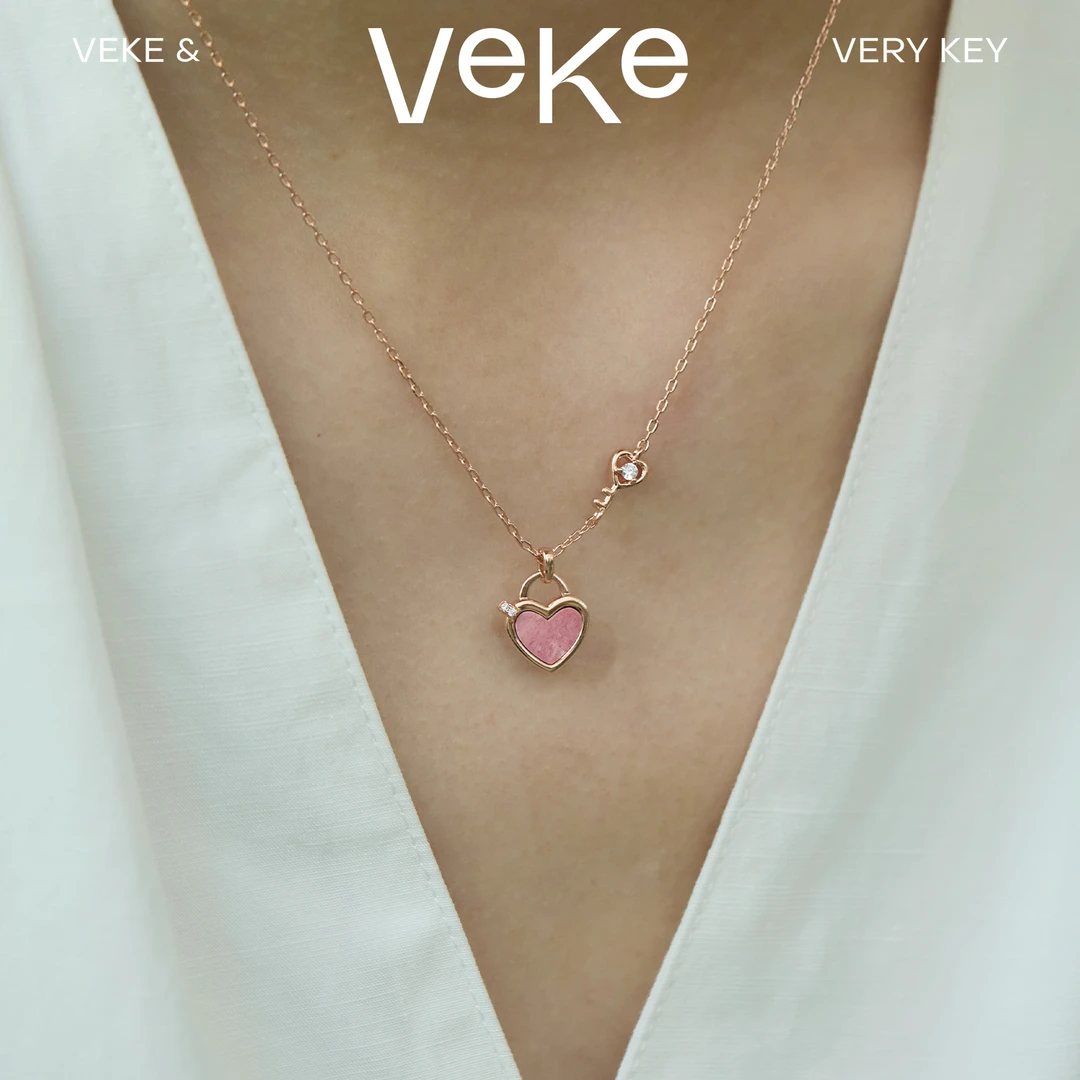 VEKE 合金石英石项链 「缦云」蔷薇石爱心项链女情人节礼物NC02960A