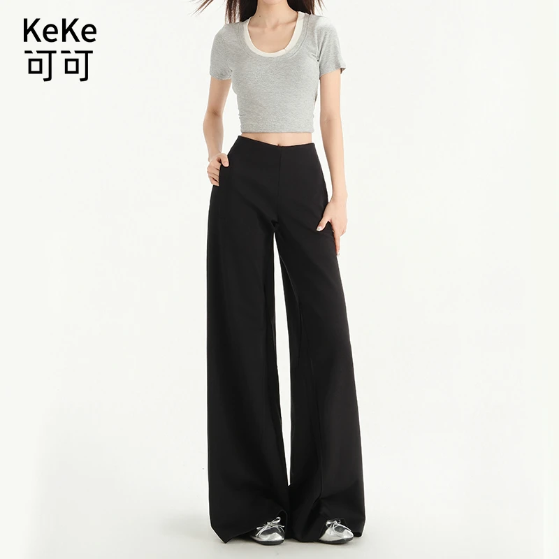 25年春夏新款弹力宽松喇叭针织休闲裤女显瘦垂感松紧腰长裤