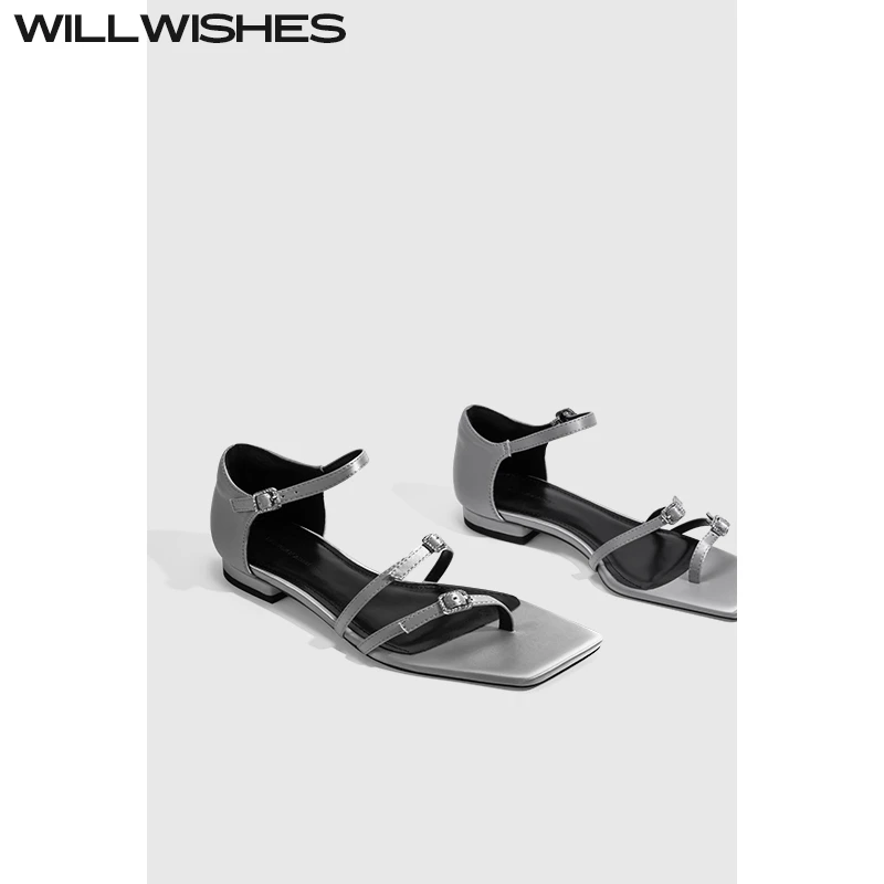 WILLWISHES/王玎设计女鞋2025春夏新款法式复古一字带平底凉鞋女