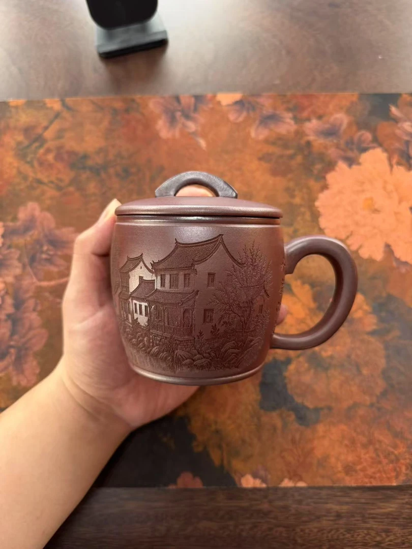 宜兴原矿紫砂紫龙血汉瓦盖杯家用办公茶具