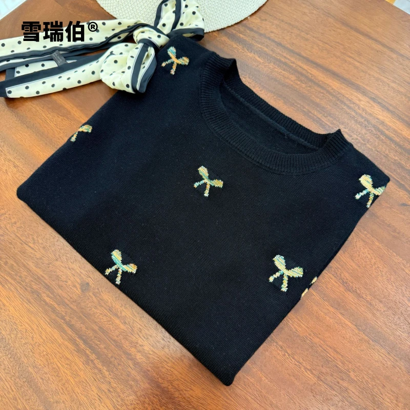 【羊毛桑蚕丝】七彩蝴蝶结时尚优雅黑色圆领女打底衫宽松针织衫625