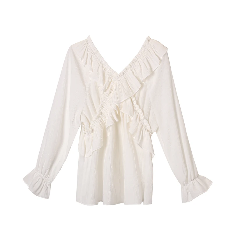 荷叶边交叉V领收腰衬衫女EC45SYH805