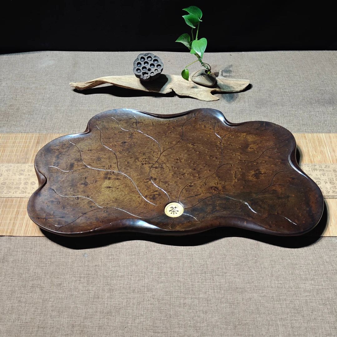 金丝楠阴沉木茶盘手工荷叶造型雨滴纹款茶盘侘寂风家用，尺寸62*36