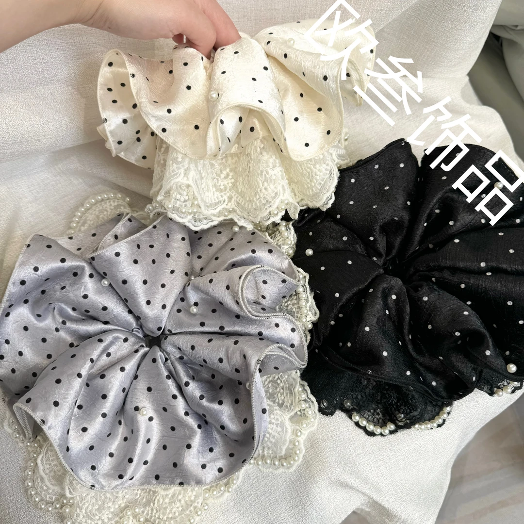 dcq722超大版波点蕾丝褶皱单圈大肠圈发饰高级百搭纯手精致