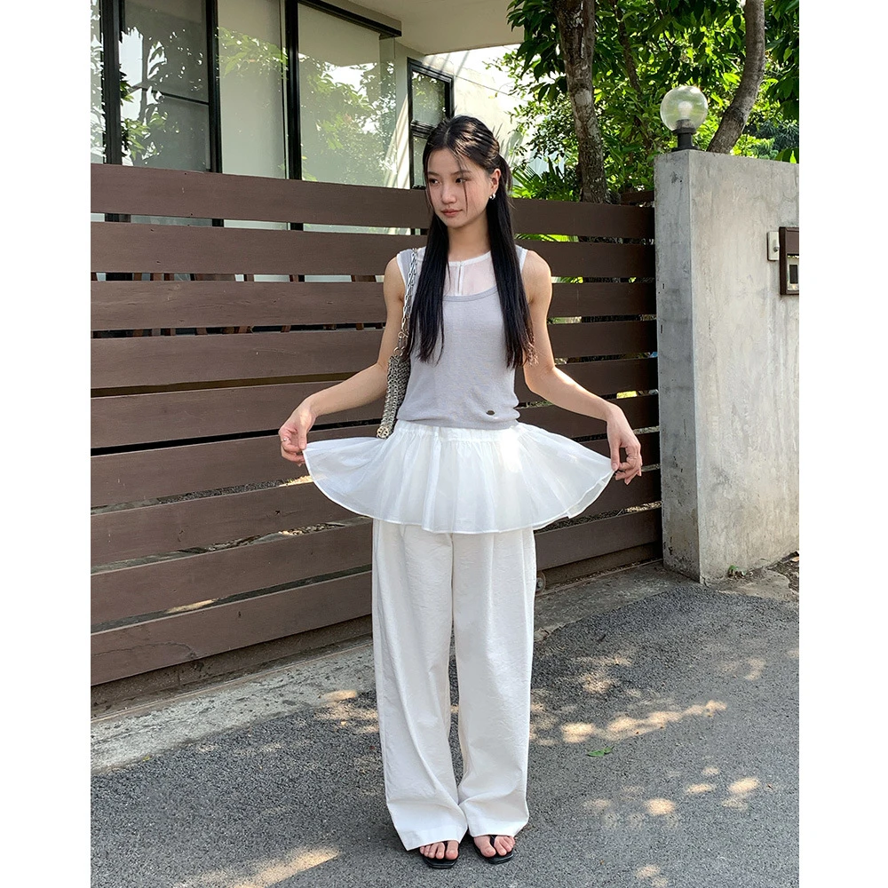 EVERTRUE 2025春新款背心衬衫女宽松纯色无袖荷叶边罩衫上衣