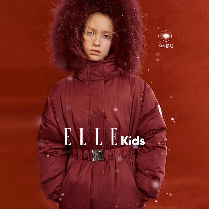 ELLE KIDS童装 新年90白鹅绒羽绒女童冬季收腰可拆卸貉子毛外套D6