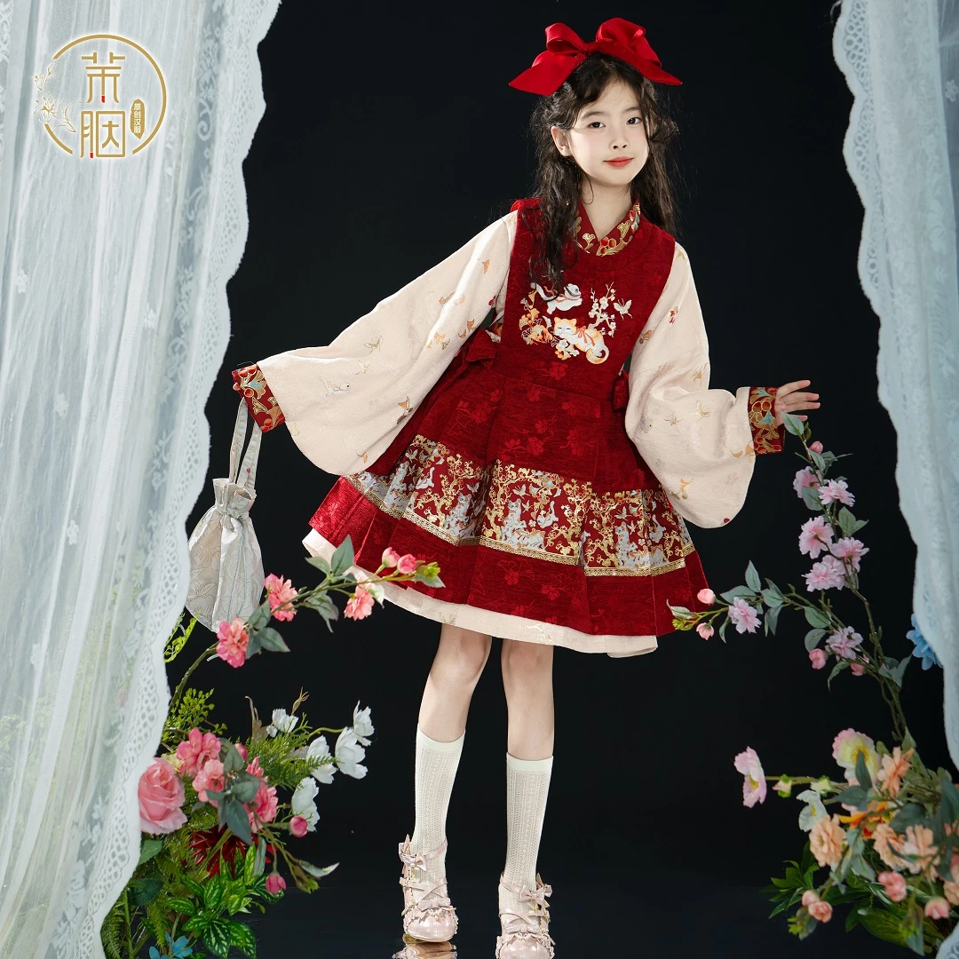 茉胭原创 猫戏 织金仿妆花刺绣裙罩改良贴里2025春季新款亲子装