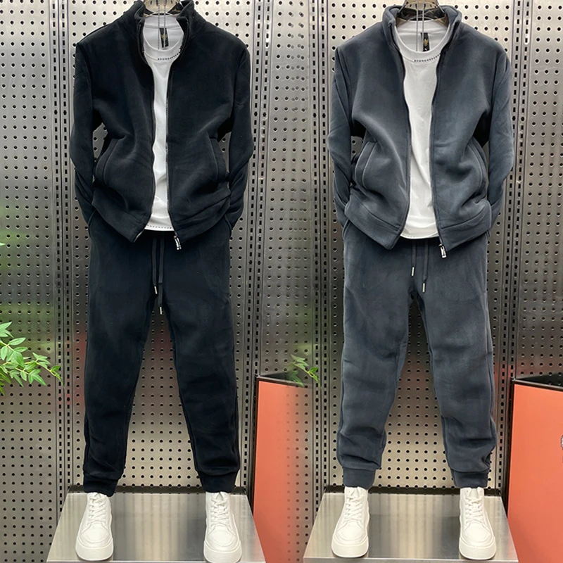 秋冬双面绒运动套装潮流男纯色摇粒绒休闲两件套青年保暖外套长裤