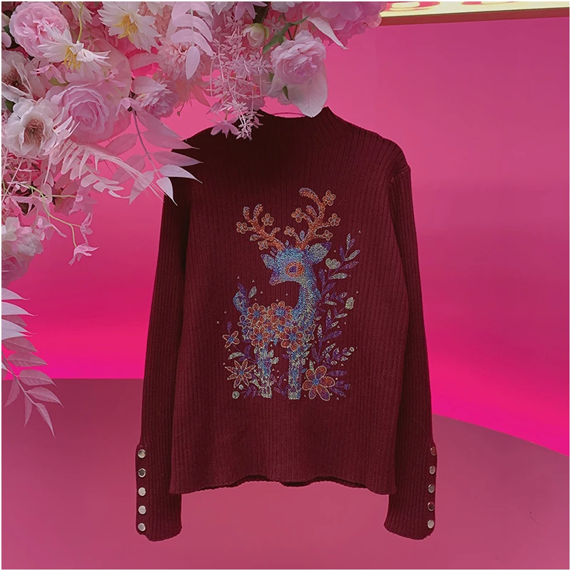 X22916欧美设计师2025冬季新款重工烫钻麋鹿弹力针织毛衣打底衫女