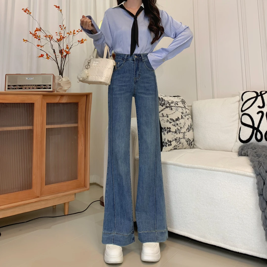 【送腰带】春季新款微喇裤女高腰百搭显瘦牛仔裤复古设计感喇叭裤