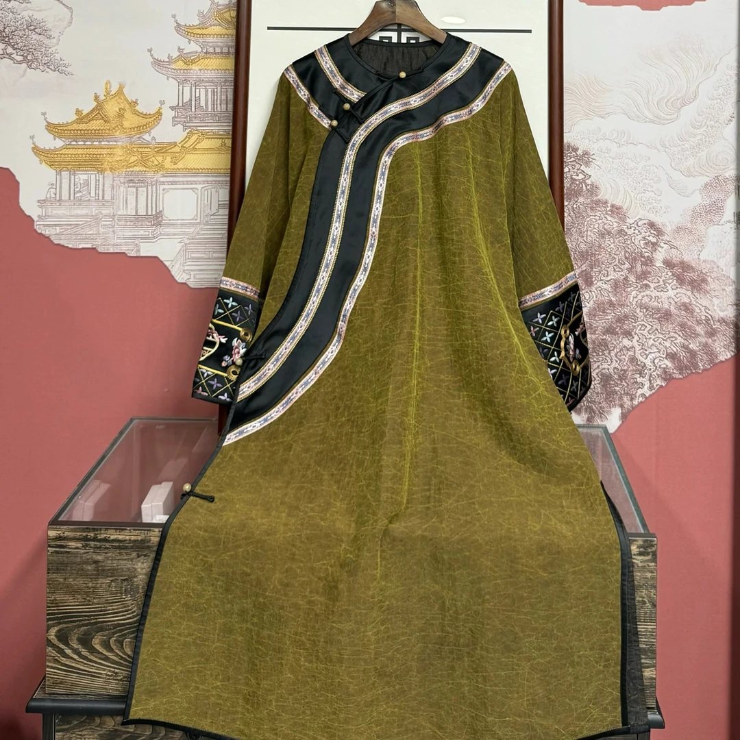 卿风241312桑蚕丝香云纱龟裂纹刺绣中长款二大衫太太服